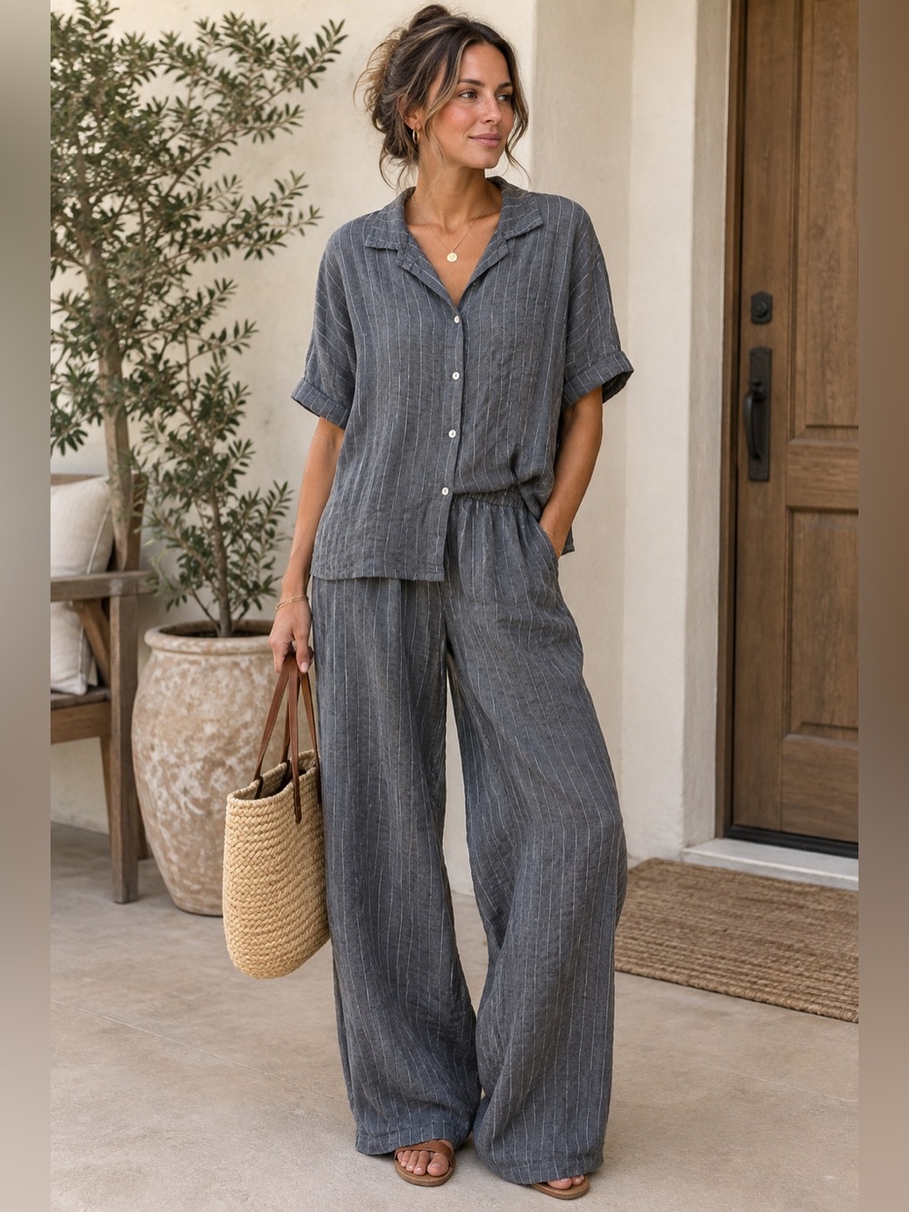 Pure Lino Italian Linen Wide Leg Pants Set - Gray pinstriped